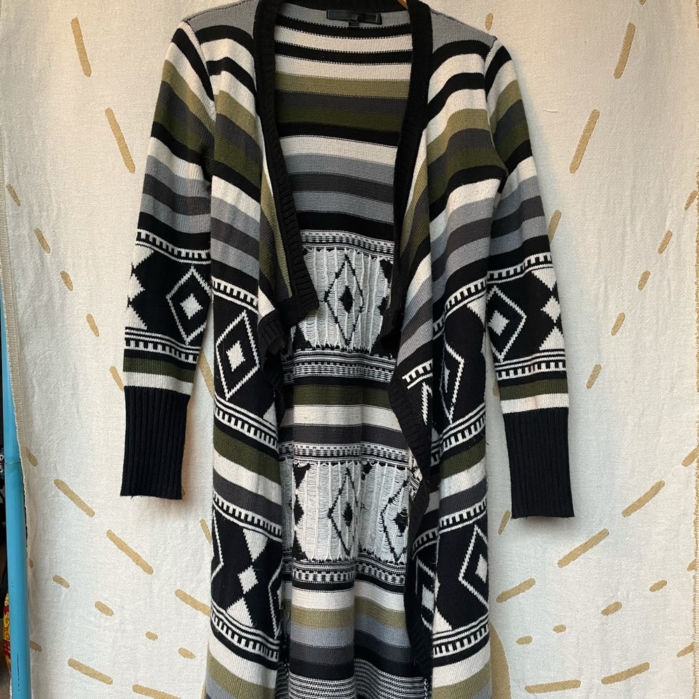 Olive black and cream tribal print long cardigan